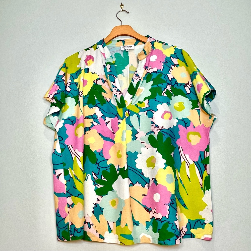 CROSBY BY MOLLIE BURCH Women's Linen Blend Floral Short Sleeve Shirt Size Small